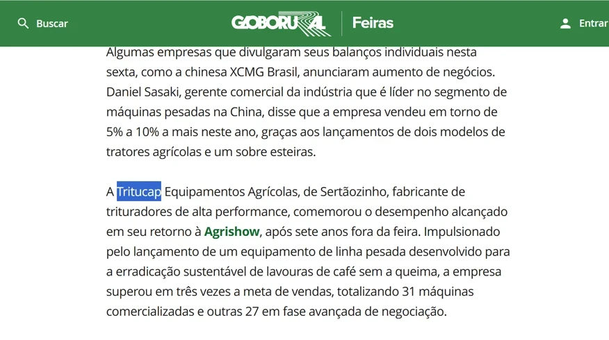 Globo Rural destaca resiliência na Agrishow 2026: Tritucap triplica vendas em ano de mercado retraído
